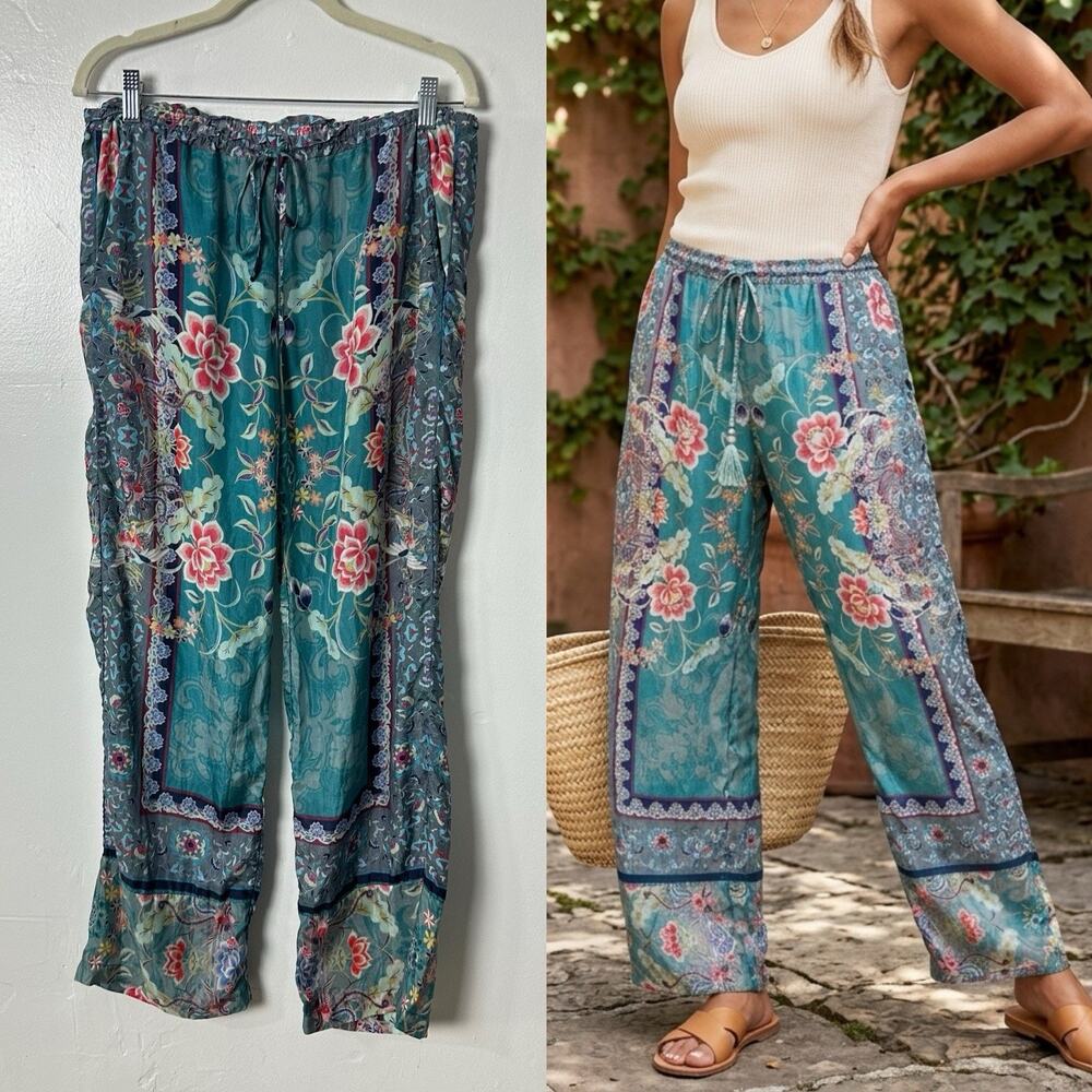 Johnny Was Blue Floral 100% Silk Pants Drawstring Elastic Waist Size Small S